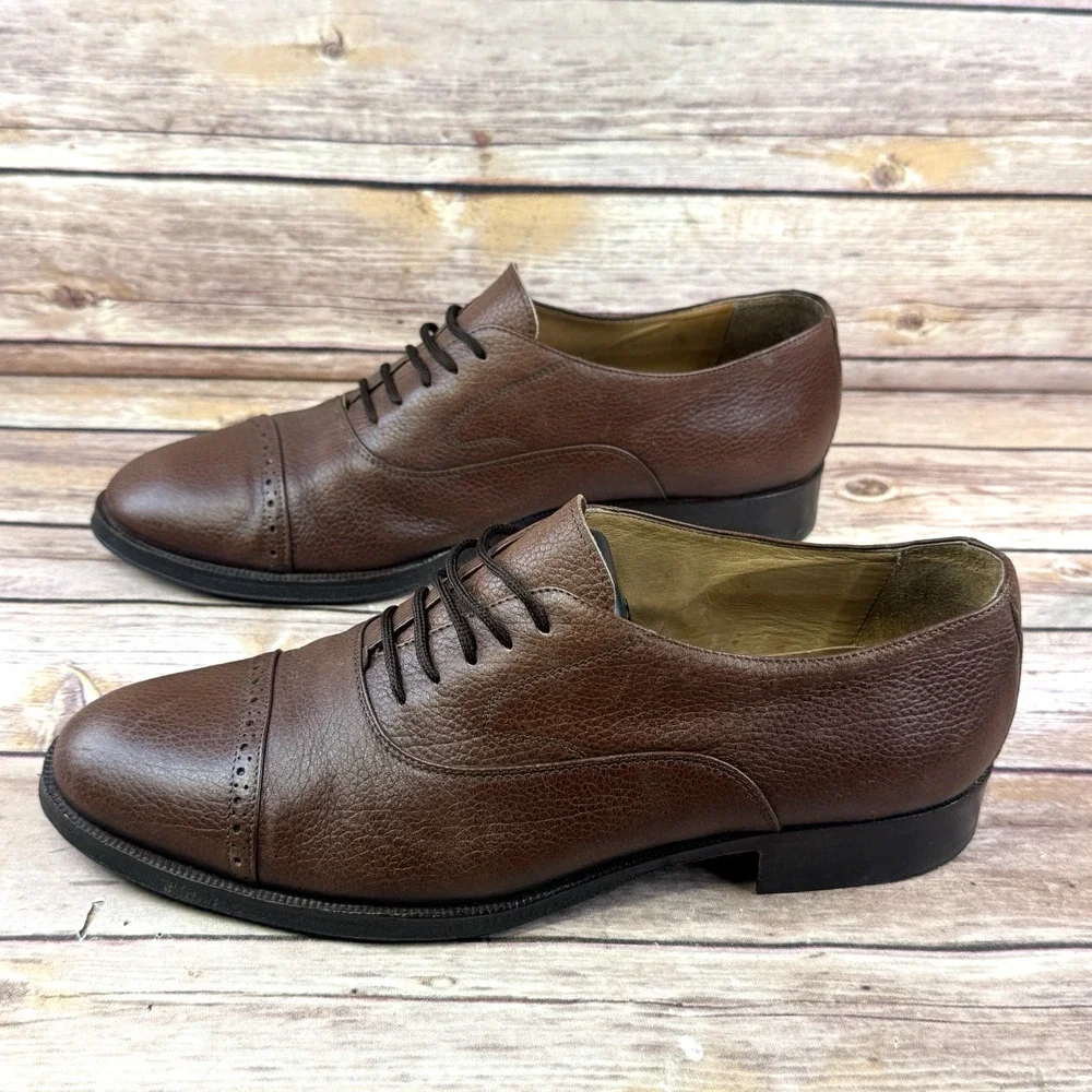 Lorenzi Mens Brown Pebbled Italian Leather Cap Toe Oxford Dress Shoes Size 8